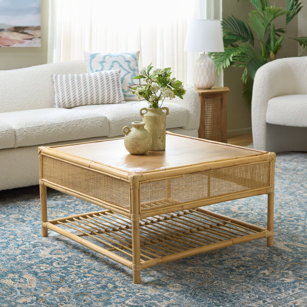 Webber Square Coffee Table With Lower Shelf, Solid Wood Accent Table, Minimalist Modern Design