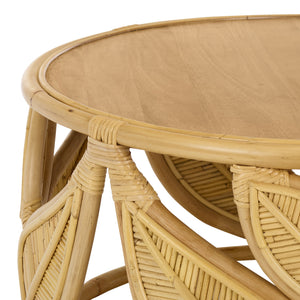Lusine Round Coffee Table With Mango Wood Top And Woven Rattan Accents, Handcrafted Sculptural Centerpiece