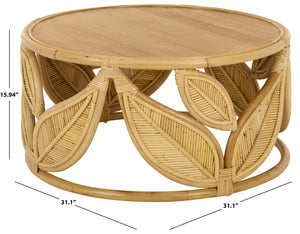 Lusine Round Coffee Table With Mango Wood Top And Woven Rattan Accents, Handcrafted Sculptural Centerpiece
