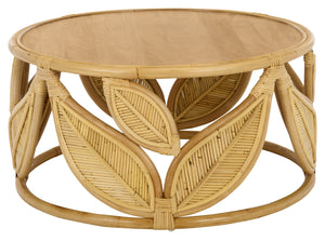 Lusine Round Coffee Table With Mango Wood Top And Woven Rattan Accents, Handcrafted Sculptural Centerpiece