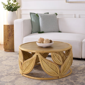 Lusine Round Coffee Table With Mango Wood Top And Woven Rattan Accents, Handcrafted Sculptural Centerpiece