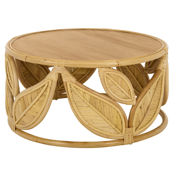 Lusine Round Coffee Table With Mango Wood Top And Woven Rattan Accents, Handcrafted Sculptural Centerpiece