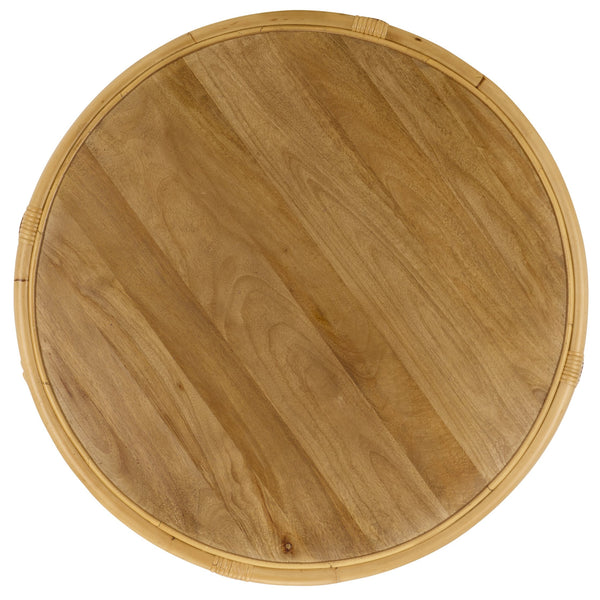 Lusine Round Coffee Table With Mango Wood Top And Woven Rattan Accents, Handcrafted Sculptural Centerpiece