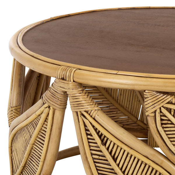 Lusine Round Coffee Table With Mango Wood Top And Woven Rattan Accents, Handcrafted Sculptural Centerpiece
