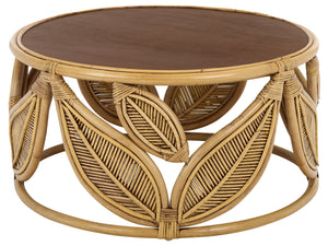 Lusine Round Coffee Table With Mango Wood Top And Woven Rattan Accents, Handcrafted Sculptural Centerpiece