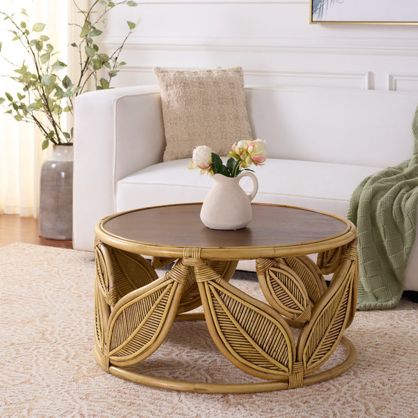 Lusine Round Coffee Table With Mango Wood Top And Woven Rattan Accents, Handcrafted Sculptural Centerpiece