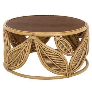 Lusine Round Coffee Table With Mango Wood Top And Woven Rattan Accents, Handcrafted Sculptural Centerpiece