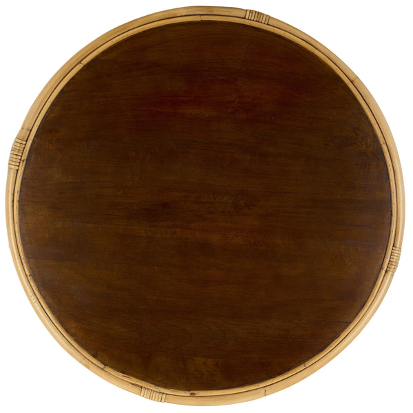 Lusine Round Coffee Table With Mango Wood Top And Woven Rattan Accents, Handcrafted Sculptural Centerpiece
