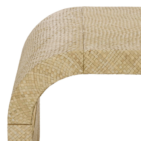 Pipat Curved Pandan Coffee Table With Woven Webbing And Warm Wood Finish For Coastal Boho Homes