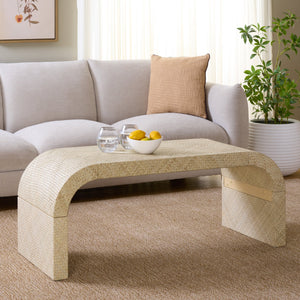Pipat Curved Pandan Coffee Table With Woven Webbing And Warm Wood Finish For Coastal Boho Homes