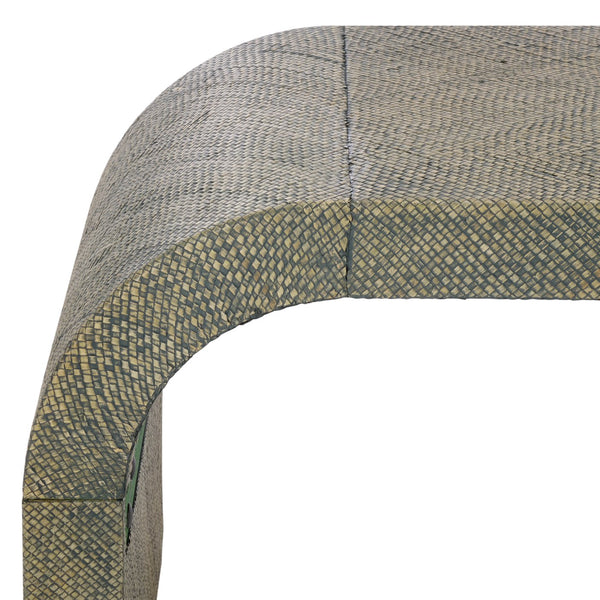 Pipat Curved Pandan Coffee Table With Woven Webbing And Warm Wood Finish For Coastal Boho Homes