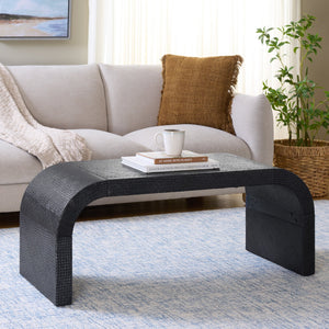 Pipat Curved Pandan Coffee Table With Woven Webbing And Warm Wood Finish For Coastal Boho Homes