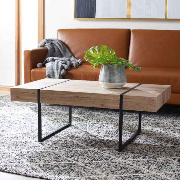 Safavieh Tristan Modern Rectangular Coffee Table - Sculptural Minimalist Design For Contemporary Spaces Natural/Black Metal Legs COF7000B