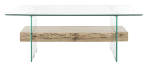 Safavieh Kayley Rectangular Glass Coffee Table - Parisian-Inspired Elegance With Natural Wood Shelf Storage COF7004A