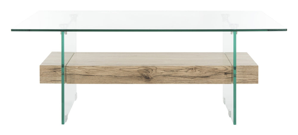 Safavieh Kayley Rectangular Glass Coffee Table - Parisian-Inspired Elegance With Natural Wood Shelf Storage COF7004A