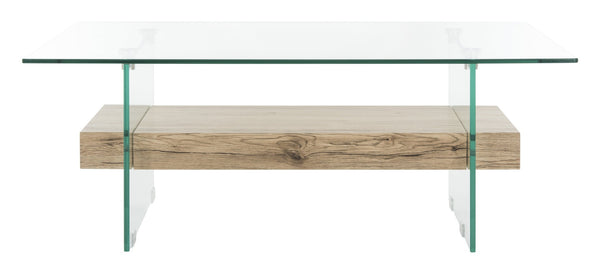 Safavieh Kayley Rectangular Glass Coffee Table - Parisian-Inspired Elegance With Natural Wood Shelf Storage COF7004A
