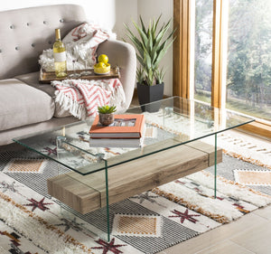 Safavieh Kayley Rectangular Glass Coffee Table - Parisian-Inspired Elegance With Natural Wood Shelf Storage COF7004A