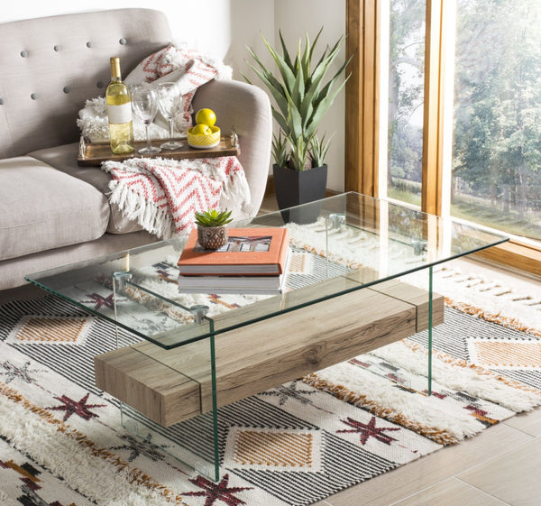 Safavieh Kayley Rectangular Glass Coffee Table - Parisian-Inspired Elegance With Natural Wood Shelf Storage COF7004A