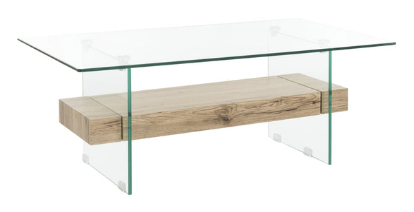 Safavieh Kayley Rectangular Glass Coffee Table - Parisian-Inspired Elegance With Natural Wood Shelf Storage COF7004A