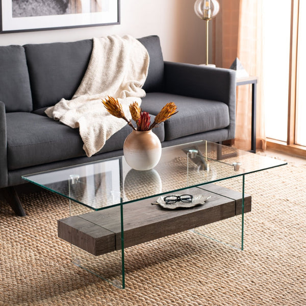 Safavieh Kayley Contemporary Coffee Table With Elegant Minimalist Design And Stylish Storage Shelf For Living Rooms Glass/Grey Oak Wood Shelf COF7004C