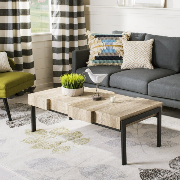 Safavieh Alexander Contemporary Rustic Coffee Table - Staggered Wooden Blocks With Industrial Metal Frame Multi Brown/Black Metal Legs COF7005A