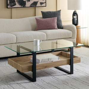Safavieh Auberon Coffee Table - Contemporary Industrial Style With Glass Top, Black Metal Frame & Storage Shelf COF7015A