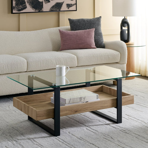 Safavieh Auberon Coffee Table - Contemporary Industrial Style With Glass Top, Black Metal Frame & Storage Shelf COF7015A