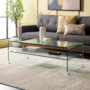 Safavieh Brioni Elegant Tempered Glass Coffee Table With Curved Design And Open Shelf For Stylish Storage COF7303A