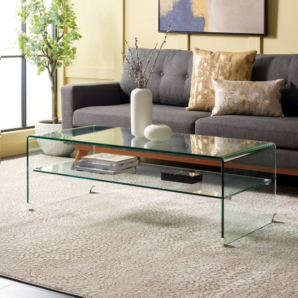 Safavieh Brioni Elegant Tempered Glass Coffee Table With Curved Design And Open Shelf For Stylish Storage COF7303A
