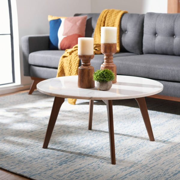 Safavieh Syrio Round Marble Coffee Table - Mid-Century Modern Design With Walnut Frame & Unique Marble Top COF8100A