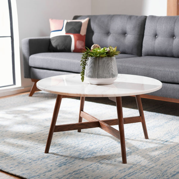 Safavieh Maja Round Marble Coffee Table – Mid-Century Modern Design With Walnut Legs For Any Stylish Living Space COF8101A