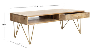 Safavieh Marigold Coffee Table - Retro-Inspired Design With Mango Wood & Chic Accents For Modern Living Spaces Natural/Brass COF9000A