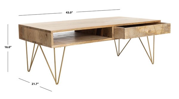 Safavieh Marigold Coffee Table - Retro-Inspired Design With Mango Wood & Chic Accents For Modern Living Spaces Natural/Brass COF9000A