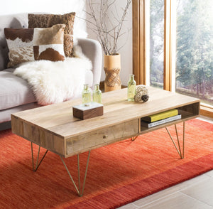 Safavieh Marigold Coffee Table - Retro-Inspired Design With Mango Wood & Chic Accents For Modern Living Spaces Natural/Brass COF9000A