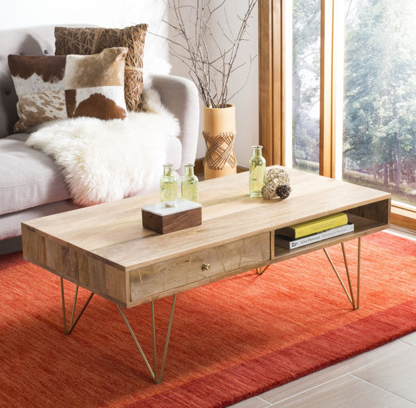Safavieh Marigold Coffee Table - Retro-Inspired Design With Mango Wood & Chic Accents For Modern Living Spaces Natural/Brass COF9000A