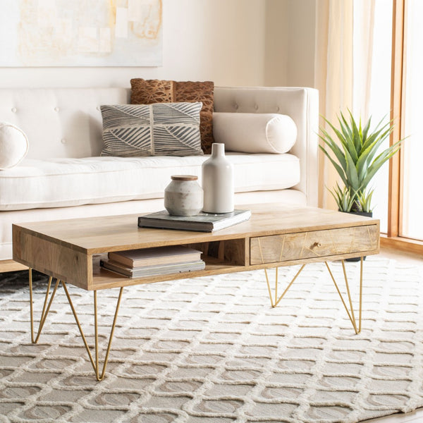 Safavieh Marigold Coffee Table - Retro-Inspired Design With Mango Wood & Chic Accents For Modern Living Spaces Natural/Brass COF9000A