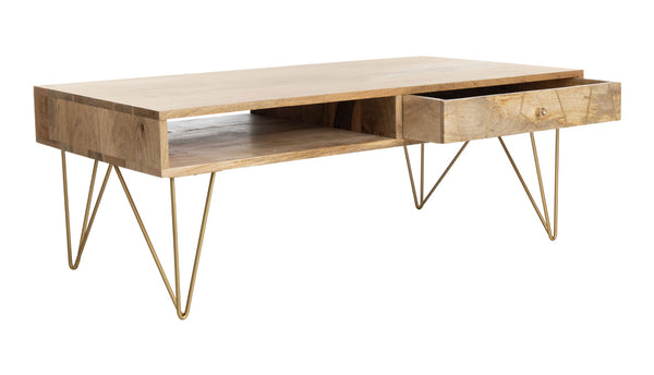 Safavieh Marigold Coffee Table - Retro-Inspired Design With Mango Wood & Chic Accents For Modern Living Spaces Natural/Brass COF9000A