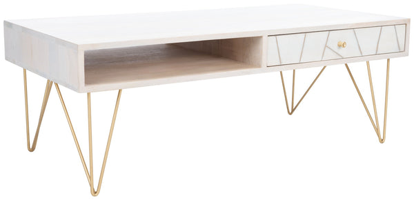 Safavieh Marigold Coffee Table - Retro-Inspired Design With Mango Wood & Chic Accents For Modern Living Spaces White Wash/Brass COF9000C