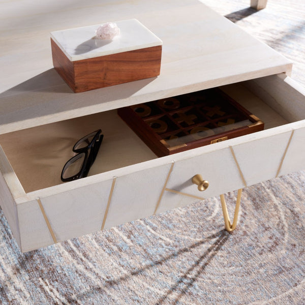 Safavieh Marigold Coffee Table - Retro-Inspired Design With Mango Wood & Chic Accents For Modern Living Spaces White Wash/Brass COF9000C