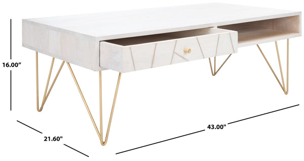 Safavieh Marigold Coffee Table - Retro-Inspired Design With Mango Wood & Chic Accents For Modern Living Spaces White Wash/Brass COF9000C