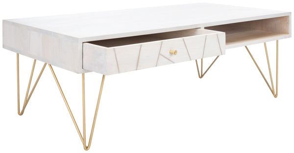 Safavieh Marigold Coffee Table - Retro-Inspired Design With Mango Wood & Chic Accents For Modern Living Spaces White Wash/Brass COF9000C
