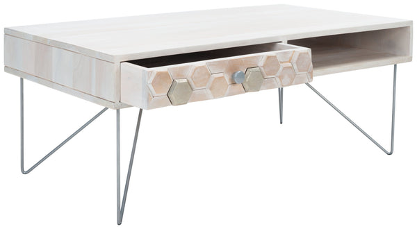 Safavieh Raveena Coffee Table - Artisan Carved Honeycomb Design With Mid-Century Modern Elegance For Your Home White Wash/Silver COF9002B
