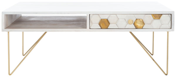 Safavieh Raveena Coffee Table - Artisan Carved Honeycomb Design With Mid-Century Modern Elegance For Your Home White Wash/Brass COF9002C