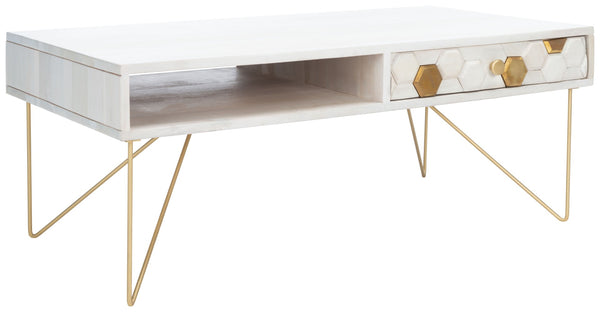 Safavieh Raveena Coffee Table - Artisan Carved Honeycomb Design With Mid-Century Modern Elegance For Your Home White Wash/Brass COF9002C
