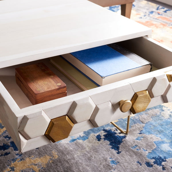 Safavieh Raveena Coffee Table - Artisan Carved Honeycomb Design With Mid-Century Modern Elegance For Your Home White Wash/Brass COF9002C