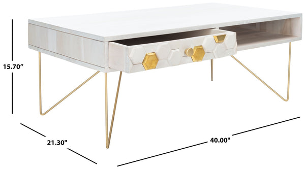 Safavieh Raveena Coffee Table - Artisan Carved Honeycomb Design With Mid-Century Modern Elegance For Your Home White Wash/Brass COF9002C