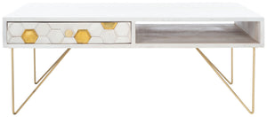 Safavieh Raveena Coffee Table - Artisan Carved Honeycomb Design With Mid-Century Modern Elegance For Your Home White Wash/Brass COF9002C