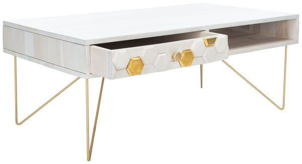Safavieh Raveena Coffee Table - Artisan Carved Honeycomb Design With Mid-Century Modern Elegance For Your Home White Wash/Brass COF9002C