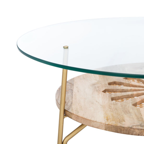 Safavieh Flora Round Coffee Table - Artisanal Mango Wood & Glass Design With Brass Accents For Modern Elegance COF9005A