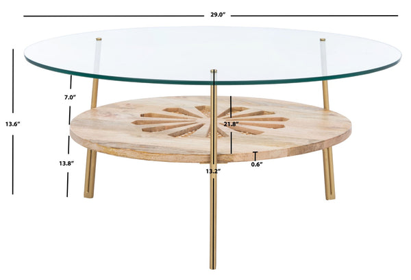 Safavieh Flora Round Coffee Table - Artisanal Mango Wood & Glass Design With Brass Accents For Modern Elegance COF9005A